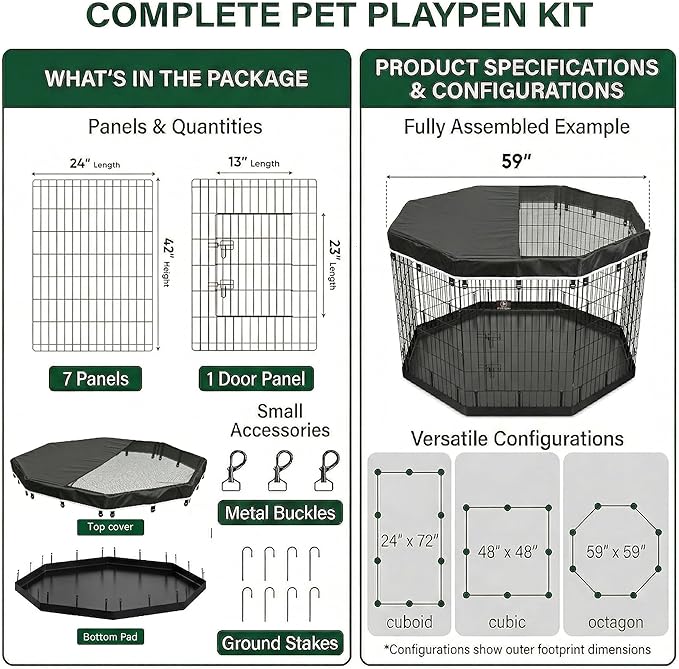 PJYuCien Octagonal Dog Playpen with Top Cover and Bottom Pad - Metal Foldable Exercise Pen, 8 Panels 42" H x 24" W Indoor Outdoor Pet Fence Puppy Crate Kennel, Black