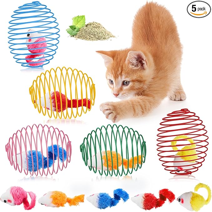 Jecery 5 Pcs Cat Spring Balls Toys Stretchable Rolling Balls Colorful Playful Coils Interactive Action Toy Caged Rats for Kitten Pet Supplies (Catnip Rats,Bright Color)