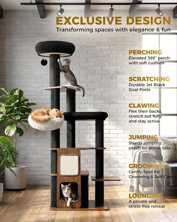 63" Modern Cat Tree Tower for Indoor Cats, Heavy Duty Cat Trees for Large Cat, Adult Maine Coon Cat Tree Tower with Scratching Post, Extra Large Top Perch, Cat Condos