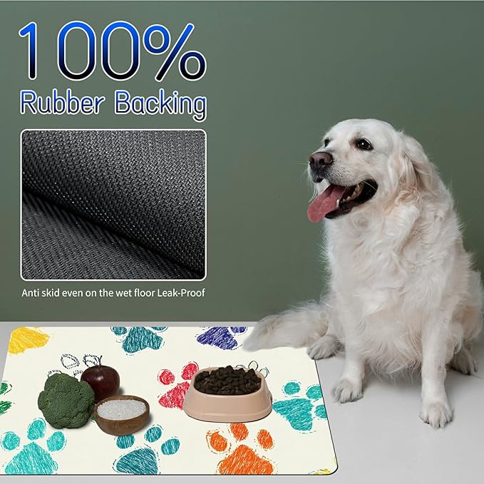 Dog Food Mat, 15.7" x 23.6" Absorbent Pet Feeding Mat for Food and Water, Waterproof Diatom Mud Pet Placemat with Non-Slip Rubber Backing, Cat Bowl Mat for Floors - Dog Paw Print Freen