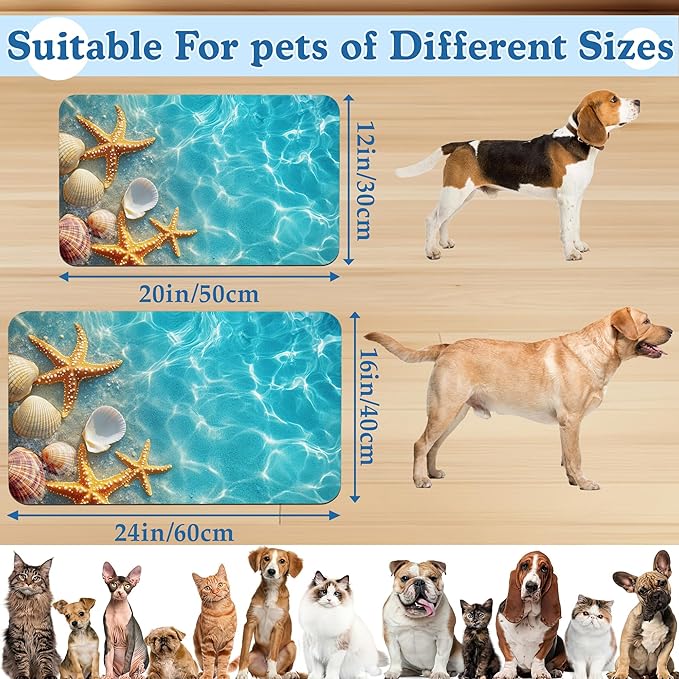Starfish Seashell on Beach Pet Feeding Mat for Floors–Absorbent Quick Dry Dog Cat Bowl Mat for Food and Water, Non Slip Waterproof Base, Mess-Free Feeding Accessories 12"x20"