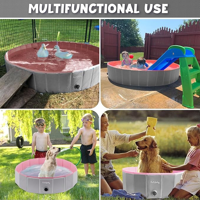 Furrybaby Foldable Dog Pool 32", Hard Plastic Kiddie Pool for Dogs, Collapsible Dog Pool with Rigid PP Core, Non-Slip PVC, Durable Pet Bath Tub for Indoor/Outdoor Backyard, Pink