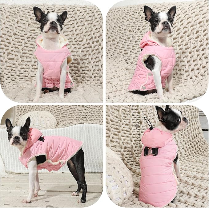 Vecomfy Fleece Lining Dog Hoodie with Harness Built in,Extra Warm Small Dog Jacket in Winter Puppy Coats with Drawstring Hooded,Light Pink S