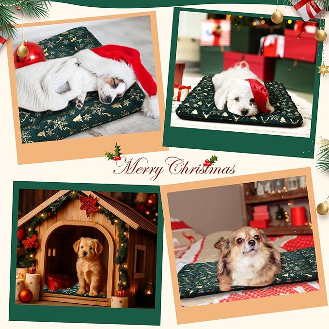 2 Pack Winter Self Warming Cat Mat Machine Washable Winter Reflects Body Heat Warm Thermal Pet Pad with Non Slip Bottom 18 x 24 Inch Green Snowflake Bed for Indoor Kitten Dog Crate