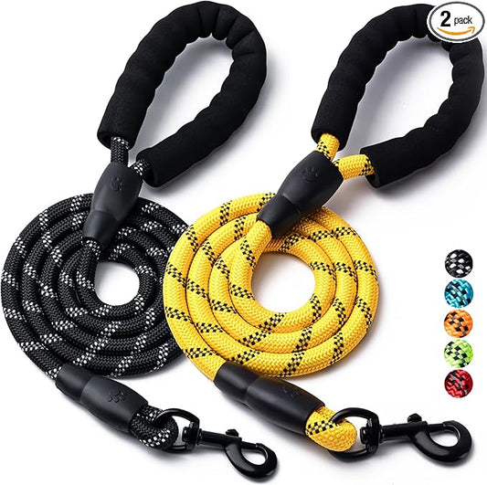 2 Pack Dog Leash, 4/5//6 FT Heavy Duty Nylon Rope Pet Leashes with Comfortable Padded Handle, Reflective Dog Leashes for Small Medium and Large Dogs (5FT-1/2,Black/Yellow)