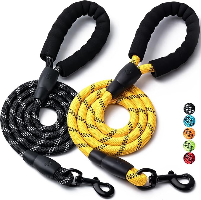 2 Pack Dog Leash, 4/5//6 FT Heavy Duty Nylon Rope Pet Leashes with Comfortable Padded Handle, Reflective Dog Leashes for Small Medium and Large Dogs (6FT-3/8,Black/Yellow)
