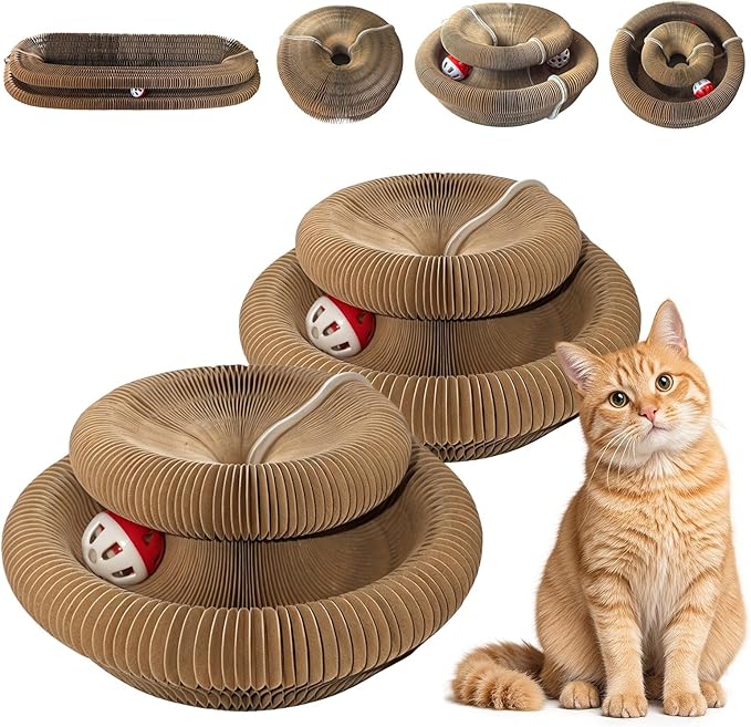 2-Pack Cat Pad Scratcher Toys, Magic Organ Cat Toy & Kitty Curls Cat Toy, Interactive Cardboard Cat Scratching Board with Bell Balls, Corrugated Scratcher for Indoor Cats, Furniture Protection