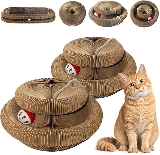 2-Pack Cat Pad Scratcher Toys, Magic Organ Cat Toy & Kitty Curls Cat Toy, Interactive Cardboard Cat Scratching Board with Bell Balls, Corrugated Scratcher for Indoor Cats, Furniture Protection