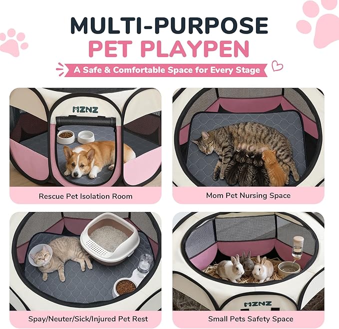Dog Cat Playpen with Pee Pad, Portable Puppy Pet Crate Indoors for Small/Medium Dogs Cats Rabbits, Foldable Dog Cage Enclosure for Outdoor, Pop Up Dogs Tent Kennel with Carrying Case, Pink