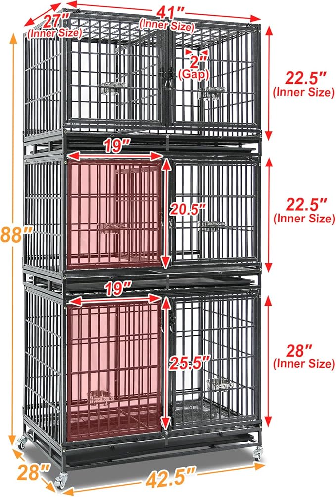 Homey Pet 43 Inch Stackable Heavy Duty Dog Crate Cage Kennel with Lockable Wheels, Removable Tray & Grid, Divider, Feeding Bowls, Escape Proof Drop Cage Bank for Small Medium Large Sized Dogs(3 Tiers)