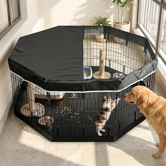 PJYuCien Octagonal Dog Playpen with Top Cover and Bottom Pad - Metal Foldable Exercise Pen, 8 Panels 24" H x 24" W Indoor Outdoor Pet Fence Puppy Crate Kennel, Black