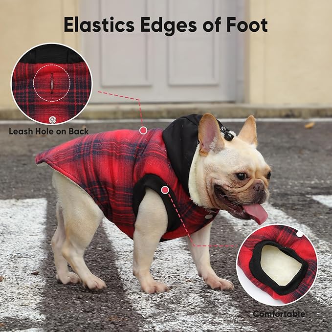 Vecomfy Fleece Lining Dog Hoodie for Small Dogs Extra Warm Plaid Sweater with Drawstring Hooded Coats in Winter Puppy Jacket,Red M