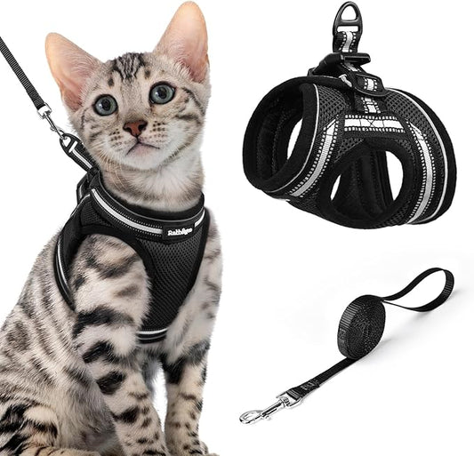 rabbitgoo Cat Harness and Leash, Step-in Escape Proof Kitten Harness Set, Soft Comfortable Cat Vest, Easy to Wear and Adjust, Reflective for Safe Outdoor Walking, Black, X-Large
