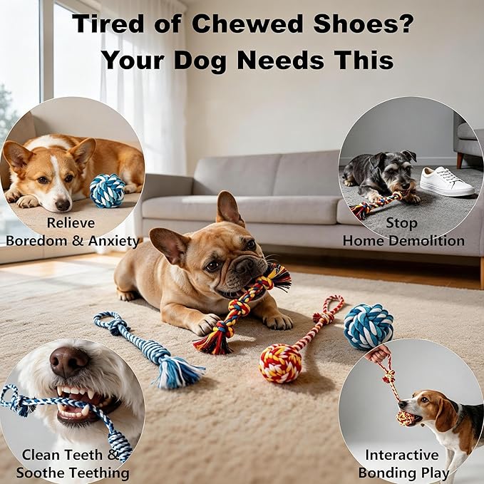 4-Pack Cotton Rope Dog Toys for Small-Medium Breeds, Puppy Teething Chews, Durable Tug-of-War & Fetch Toys for Indoor/Outdoor Play, Aggressive Chewers, Boredom Relief, Teeth Clean