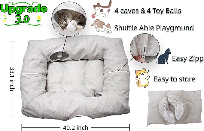 XxingSheep 4 Cave Premium Hemp Fabric XL Cat Tunnel Bed for Indoor Cats Cat Toys Cave Donut with Soft Mat