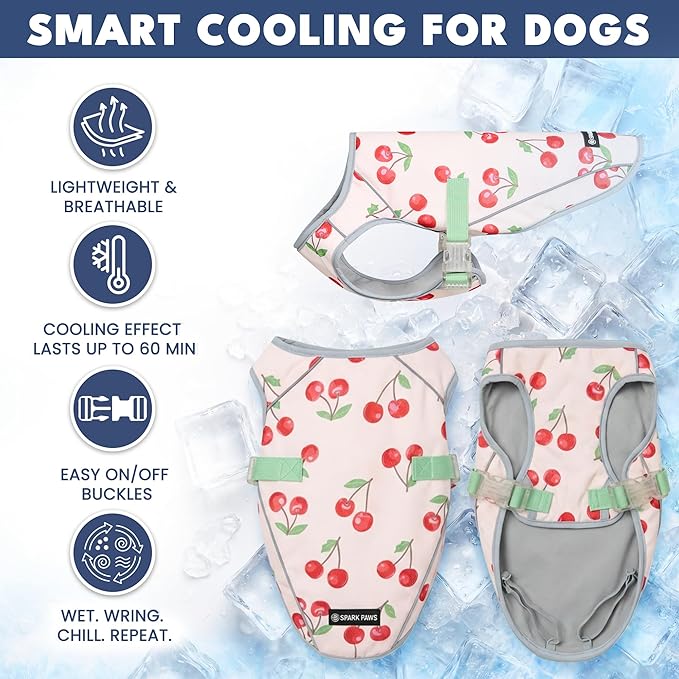 Spark Paws Dog Cooling Vest - SPF 50 UV Sun Protection - Summer Heat Relief Gear for Dogs, Lightweight, Evaporative Cooling - Dog Anxiety Relief Vest During Hot Days - Cherries - Size 4XL