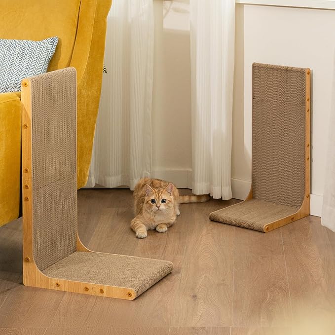 Conlun Cardboard Cat Scratcher,26" L-Shaped Scratch Pad Wall Mounted,Vertical Scratching Post Durable Cardboard to Protect Furniture for Indoor Cats,Wood Grain Junbo (2 Pack)