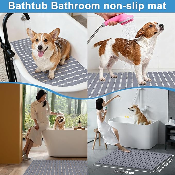 Pet Dog Bathing Non-Slip Mat, Dog Bath mat for tub, Bath Tub Shower Mat, 27.5x15.7 Inch Quick Drain Bathtub Mat with Suction Cups & Drain Holes for Bathroom