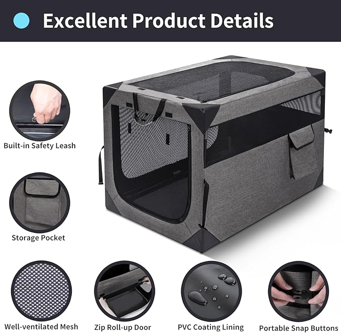 Zikopomi 30 Inch Portable Travel Dog Crate, 3 Door Collapsible Soft Pet Kennel with Durable Mesh Windows for Small and Medium Dogs, Foldable Dog Cage with Storage Pocket for Outdoor (Dark Grey)