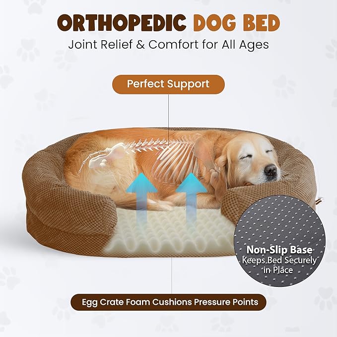 Orthopedic Dog Bed for Extra Large Dogs, XXL 52 Inches Oval Pet Bed with Memory Foam, Removable Washable Cover, Bolstered Sides, Non-Slip Bottom, Designed for Senior Dogs, Camel