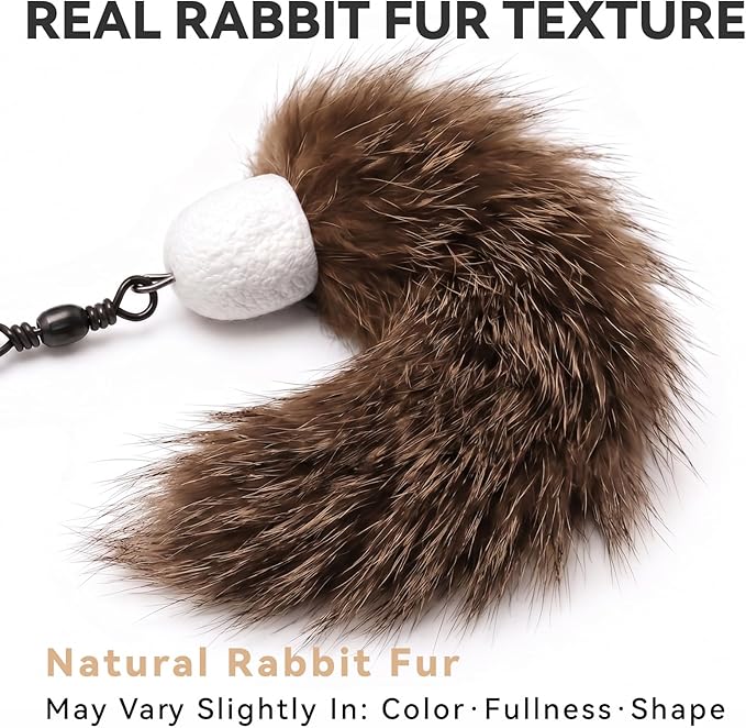 Natural Rabbit Fur Cat Toys Refills, 2 Pcs Silent Interactive Cat Wand Attachments for Indoor Cats, Handmade Fluffy Kitten Teaser Replacement Accessories (Brown)