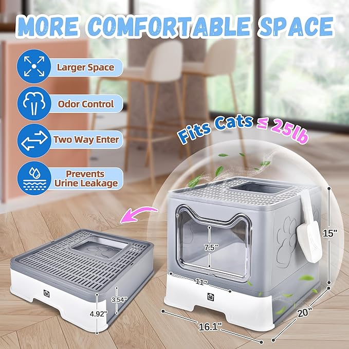 Covered Cat Litter Box with Litter Mat, Foldable Extra Large Dual Entry Adjustable Door, Drawer Design Enclosed Kitty Litter Box, Odor Control Anti-Splashing Easy Cleaning (Medium Grey)