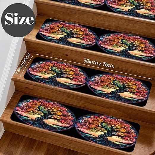 Abstract Tree Colorful Stair Treads for Wooden Steps Indoor Washable Staircase Carpet 1PCS 30"x7.8" Stair Step Treads Non-Slip Staircase Covers Peel and Stick Safety Mat for Kids Elders Pets