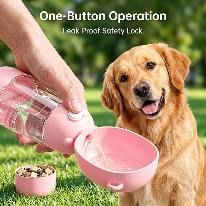 2-in-1 Dog Water Bottle, 400ML Water + 200ML Food Leak-Proof Pet Travel Water Dispenser with Detachable Bowl, BPA-Free Portable Dog Water Bottle for Walking, Hiking, Travel (Pink)