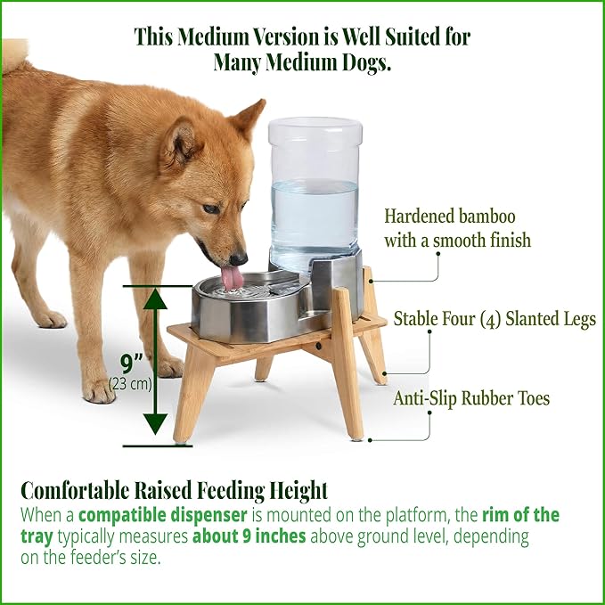 Stand for Dog Water Food Dispensers, Suitable for Medium Breeds - Bamboo Holder for Elevated Raised Automatic Gravity Dog Feeders - Medium Size