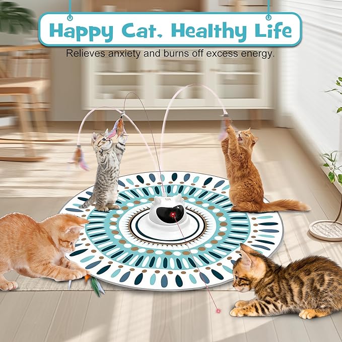 3 in 1 Automatic Interactive Cat Toy for Indoor Cats, USB Rechargeable Adjustable Laser, 360° Rotating Feather Wand, Real Bird Chirp, Motion-Activated Hide Seek Mat, Auto-Off, Quiet Operation
