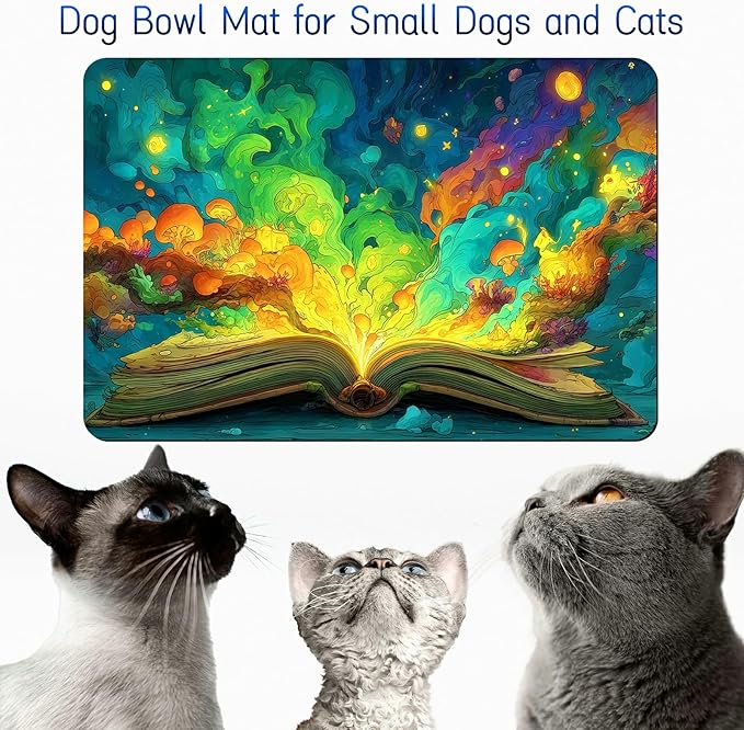 Dog Food Mat, 19.6" x 23.6" Absorbent Pet Feeding Mat for Food and Water, Waterproof Diatom Mud Pet Placemat with Non-Slip Rubber Backing, Easy Clean Cat Bowl Mat for Floors - Colorful Book
