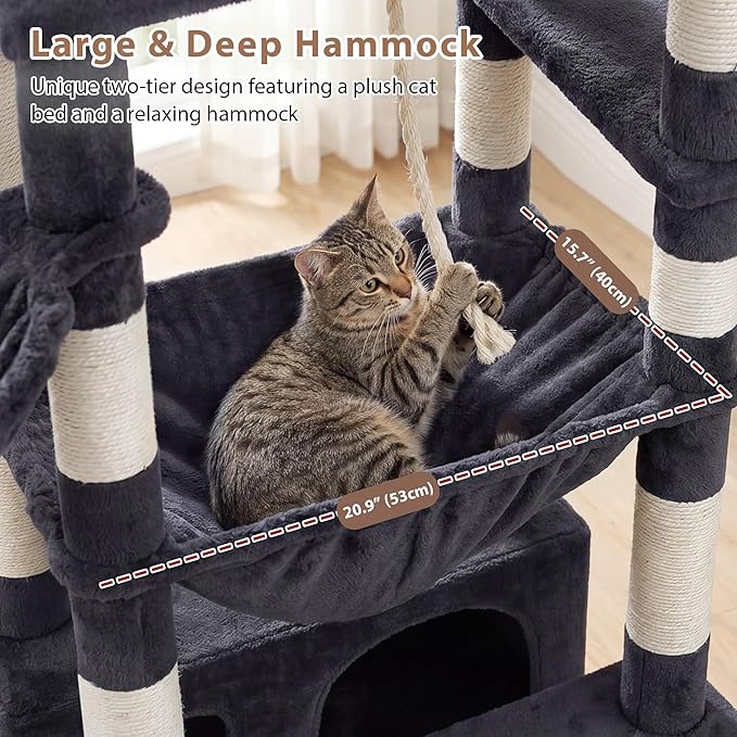 Gitelsnour Cat Tree for Indoor Cats Large Adult, 74" Cat Tower with 3 Big Platforms, 2 Baskets, 2 Condos, Multi-Level Cat Scratching Posts, Smoky Gray GCT030G