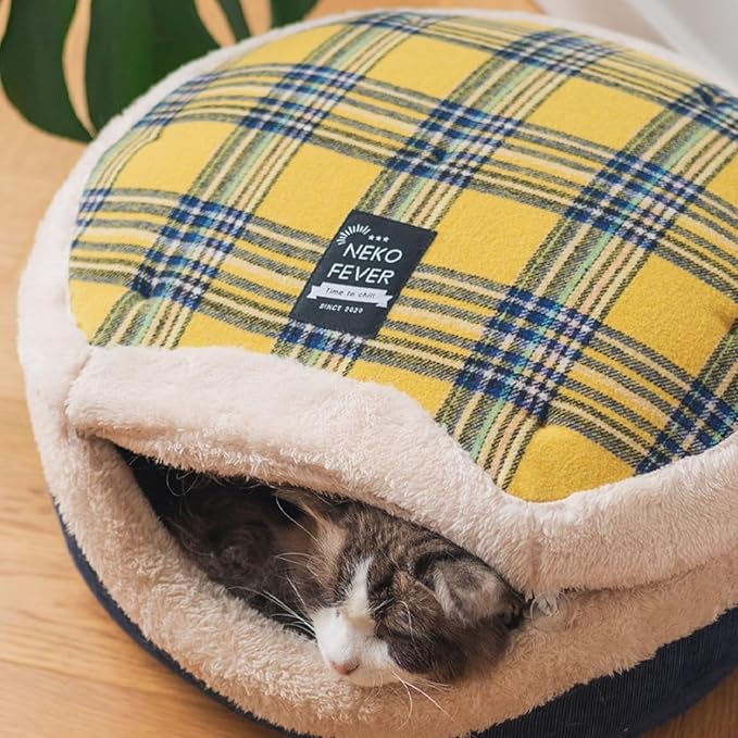 Cat Bed Cave – Enclosed Hideaway with Detachable Lid & Mat, Covered Round House for Indoor Kitten & Kitty (Snow)