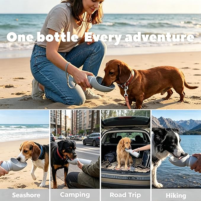 Foldable Portable Dog Water Bottle, 2 in 1 Integrated Collapsible Dog Water Bowl & Travel Dispenser, Leak-Proof Portable Pet Water Cup Ideal for Outdoor Walking, Hiking, Daily Travel(Gray)