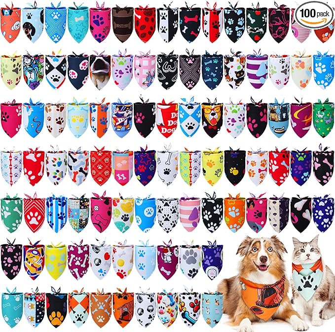 Huhumy 100 Pcs Paw Dog Bandanas Bulk Pet Bibs Colorful Triangle Scarf Paw Pattern Pet Bandanas for Medium Large Dogs Holiday Summer Birthday Costume Decor