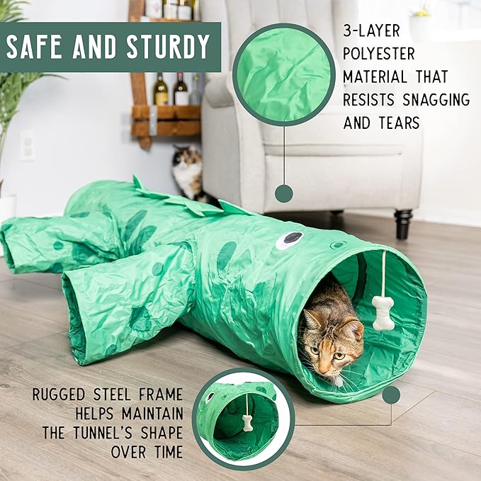 Pet Craft Supply Dizzy Dino Multi Cat Tunnel Boredom Relief Toys with Crinkle Feather String for Dogs, Cats, Rabbits, Kittens and Guinea Pigs for Hiding Hunting and Resting (8754)
