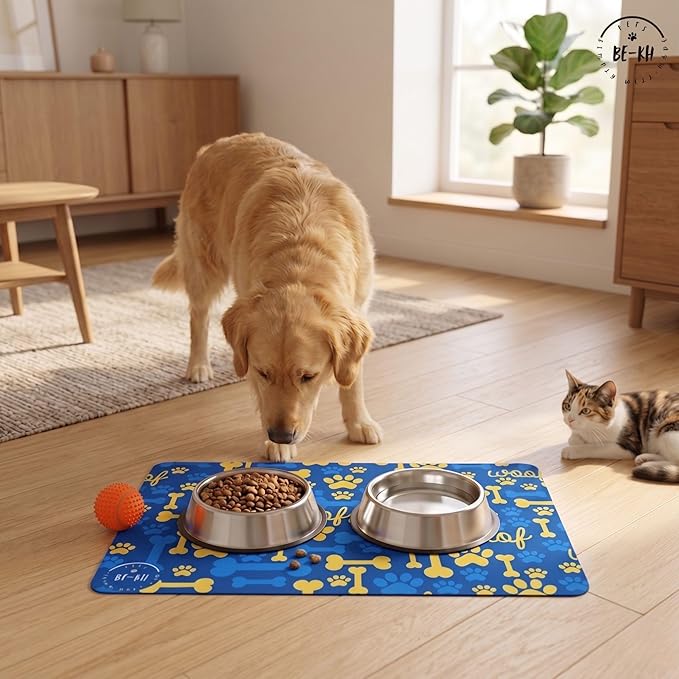 BE-KH Absorbent Pet Feeding Mat for Dogs & Cats, Quick Dry Dog Bowl Mat for Food and Water, Ultra-Thin, Non-Slip Rubber & Polyester, Waterproof & Machine Washable, Galaxy Paws, 24x16 in (60x40 cm)