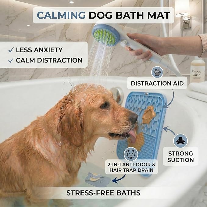 Dog Shower Sprayer Kit with Natural Odor-Eliminating Crystals, Pet Bathing Tool with Massage Brush, Easy ON/OFF Switch, 8.2ft Flexible Silicone Hose, Brass Diverter, Lick Mat & Clog-Free Drain