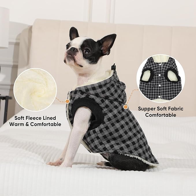 Vecomfy Fleece Lining Dog Hoodie for Small Dogs Extra Warm Plaid Sweater with Drawstring Hooded Coats in Winter Puppy Jacket,Black XS