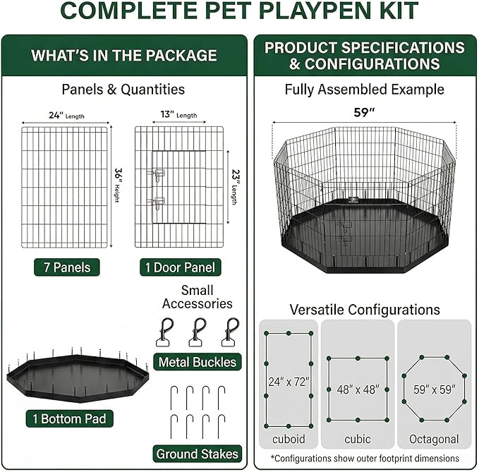 PJYuCien Octagonal Dog Playpen with Bottom Pad - Metal Foldable Exercise Pen, 8 Panels 36" H x 24" W Indoor Outdoor Pet Fence Puppy Crate Kennel, Black