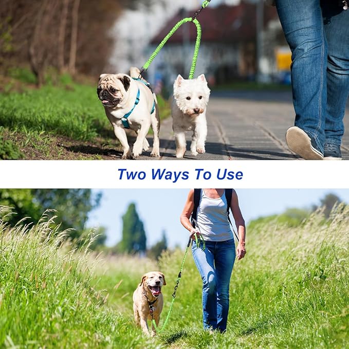MingXpets Double Dog Leash - 360 Swivel, Tangle-Free Bungee Walking & Training Leash for Large & Medium Dogs, Shock Absorbing, Reflective, 18-120 lbs, Green