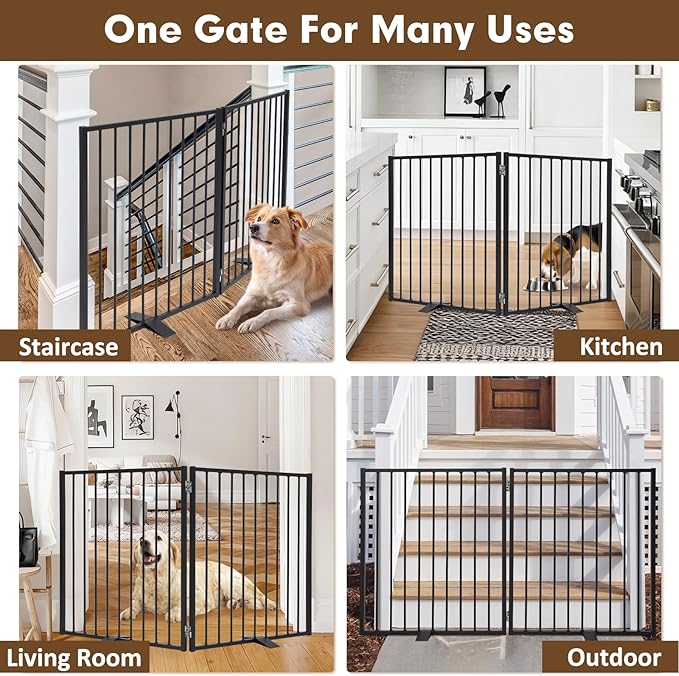 52" Extra Wide Dog Gate Indoor, Heavy Duty Metal Freestanding Dog Gate-Auto Close, Foldable Pet Fence – Anti-Topple Stability Feet for Stairs, Doorways,House,Porch,Deck,Yard(2 Panels,Black)