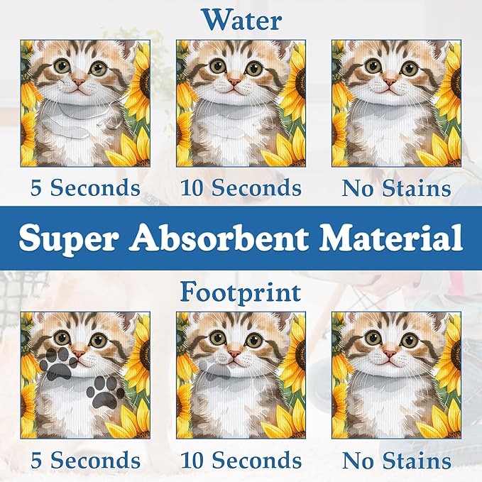 Cute Cat Sunflower Pet Feeding Mat for Floors–Absorbent Quick Dry Dog Cat Bowl Mat for Food and Water, Non Slip Waterproof Base, Mess-Free Feeding Accessories 12"x20"