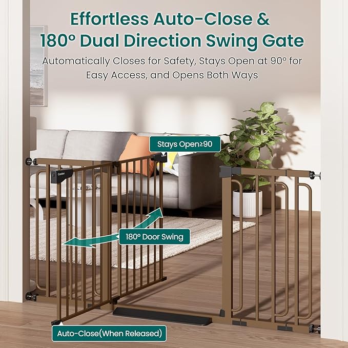 Cumbor 30.4-56.8" Extra Wide Baby Gate for Stairs, Dual Lock & Self-Closing Dog Gate Indoor, Easy Install Pet Gate for Doorways & Wide Openings, Easy Walk Thru Safety Proofing for Babies & Pets, Brown