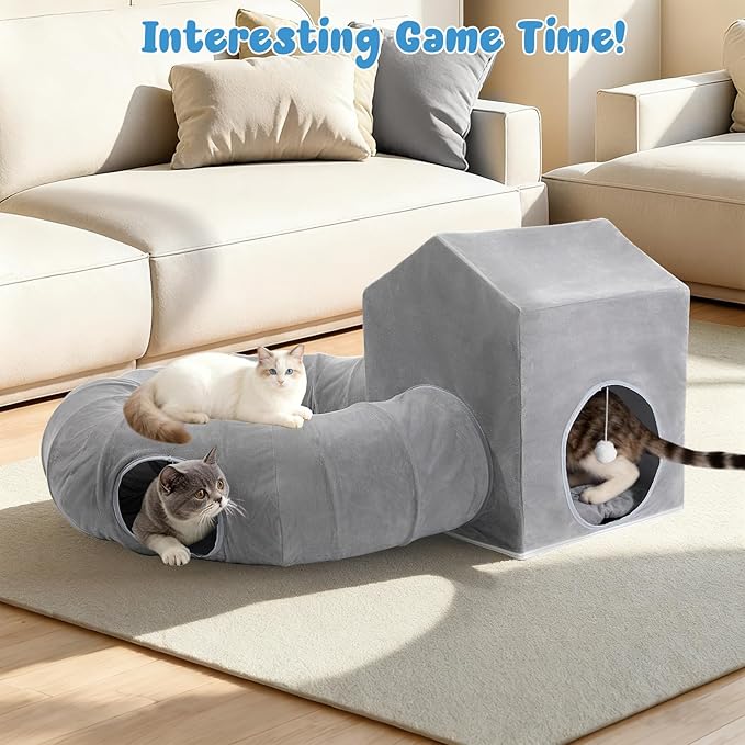 Pawaboo Cat Tunnel Bed for Indoor Cats, Cute Cat Donut Tunnel with Square House, Peekaboo Pet Cave Play Tunnels with Cave for Kitten/Rabbit, Dark Gray