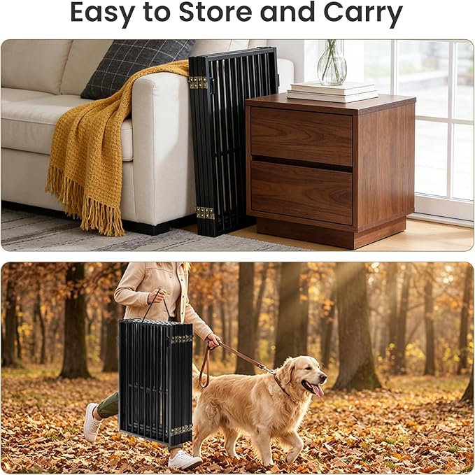 Metal Freestanding Dog Gate with Cat Door for Indoor & Outdoor,34" Tall Foldable Dog Fence,80" Extra Wide Pet Gate for RV Camping,Stairs,Deck,Yard,Doorways,with 3PCS Support(4 Panels,Black)