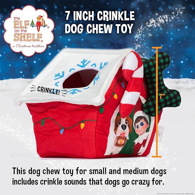 The Elf on the Shelf Doghouse Plush Burrow Toy for Pets | 7 Inch Plush Dog House with 2 Removable Plush Toys for Dogs, Bone & Candy Cane with Crinkle Texture
