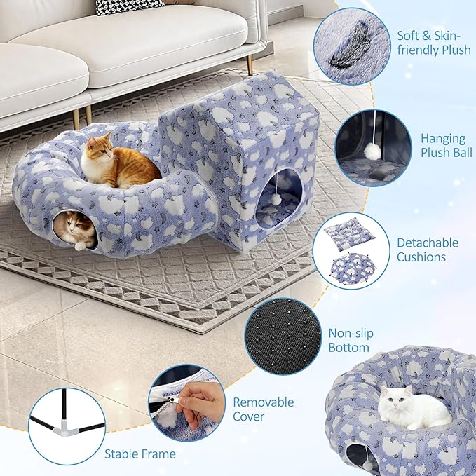 Pawaboo Cat Tunnel Bed for Indoor Cats, Cute Cat Donut Tunnel with Square House, Peekaboo Pet Cave Play Tunnels with Cave for Kitten/Rabbit, Basic Soft Blue