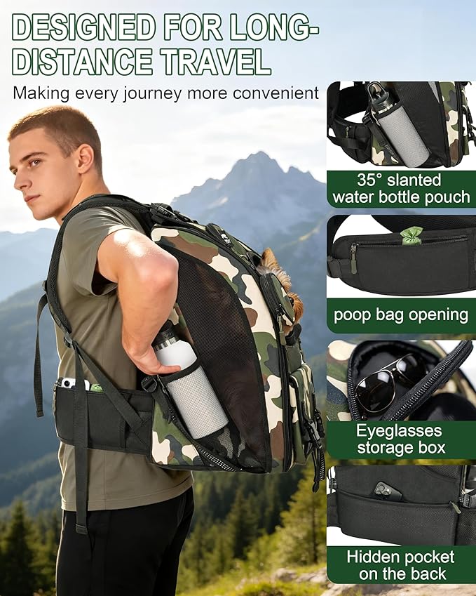 Dog Backpack Carrier with Ergonomic Support, Padded Straps and Ventilation, Hiking Pet Backpack with Safety Tethers, Reflective Trim and Waist Support, Up to 22lbs