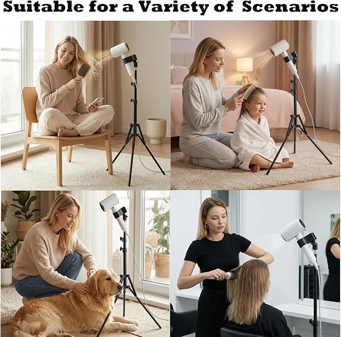 Hair Dryer Stand, Hair Dryer Holder with Tripod, Hands-free, Adjustable Height 30.3‑64.4in, Stable, Universal Metal Clip Fits 99% of Blow Dryers, Foldable & Portable for Home, Salon, or Travel